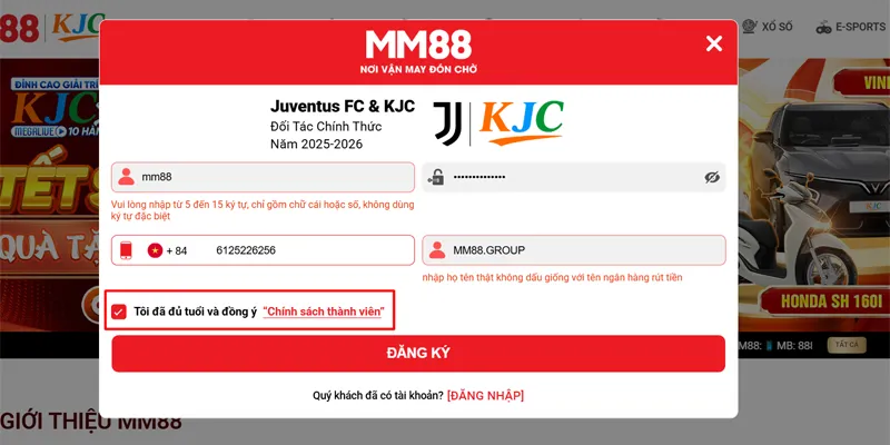 MM88 🌟 Cá Cược Cùng MM88.COM ✔️ Đăng Ký Thưởng +88K 20 Chọn đủ đuổi và đồng ý chính sách thành viên MM88